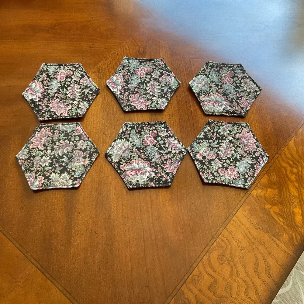 Hand Quilted Floral Hexagon Coasters Two Sided Designs, Set of Six, GORGEOUS NEW